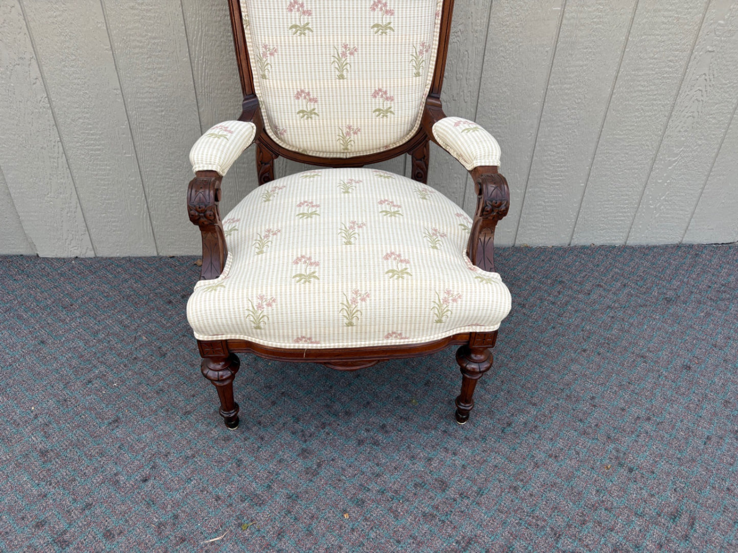 67903 Victorian Armchair with Carved Wood and Floral Upholstery