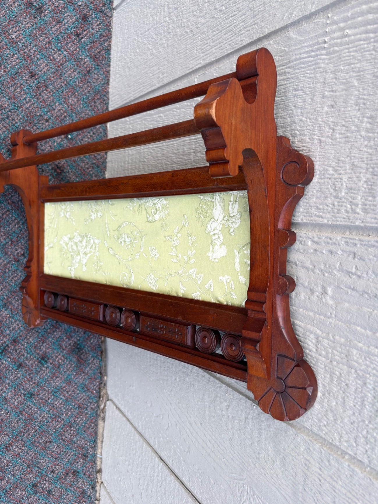 68107 Victorian Wall-Mounted Towel Rack with Carved Details and Fabric Panel