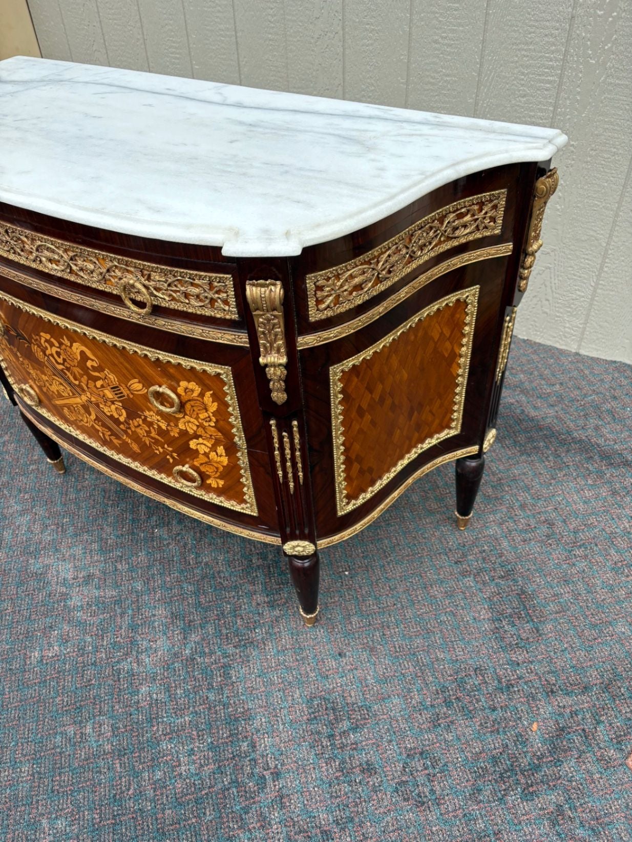 67335 Louis XV Style Marble Top Chest with Intricate Inlay and Gilt Detailing