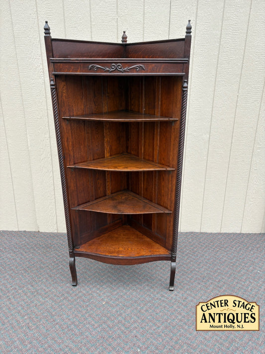 67661 Victorian Oak Corner Curio Cabinet  with Carved Details and Turned Finials