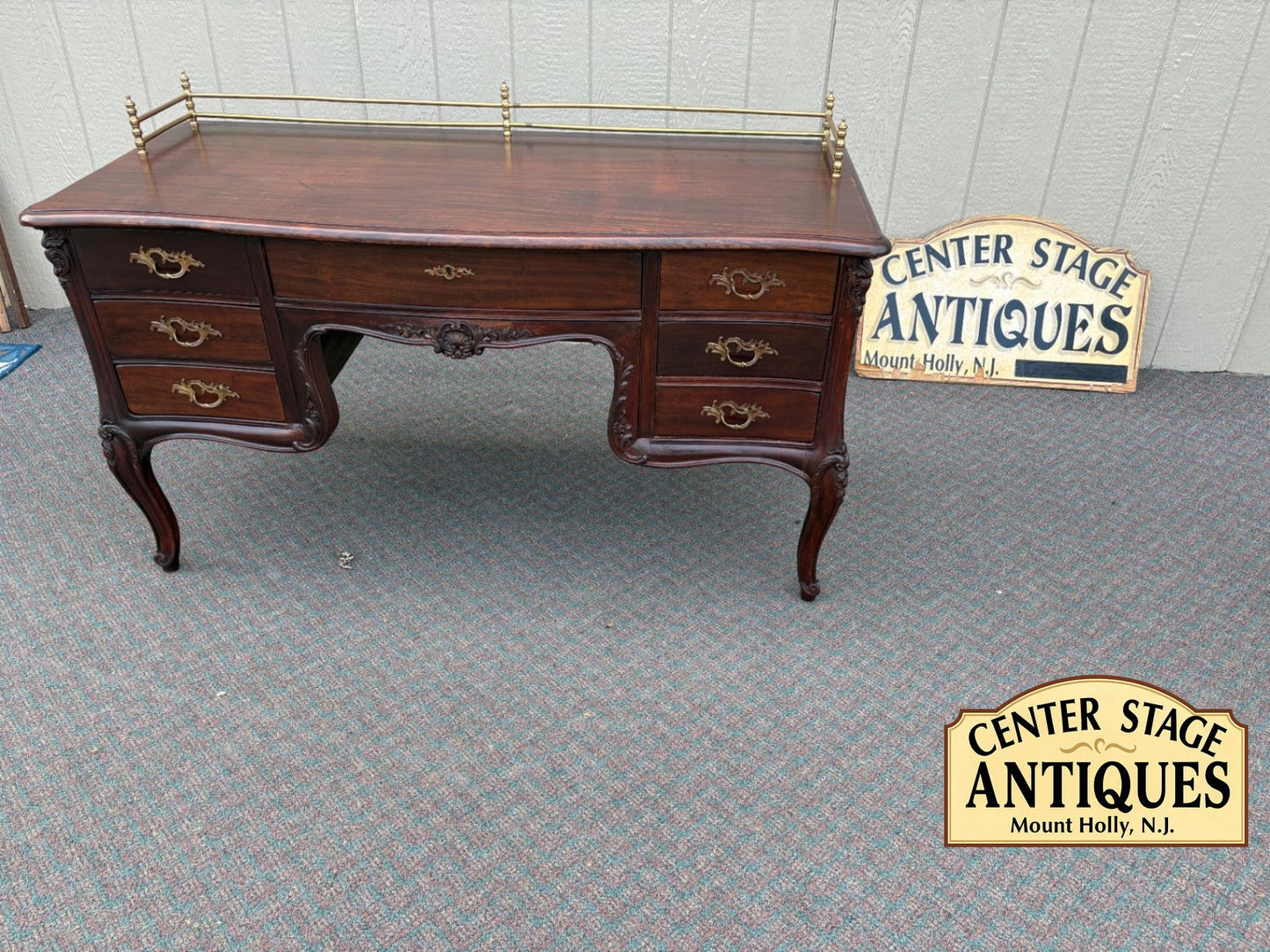 67605 Elegant French Louis XV Style Mahogany Writing Desk with Brass Rail