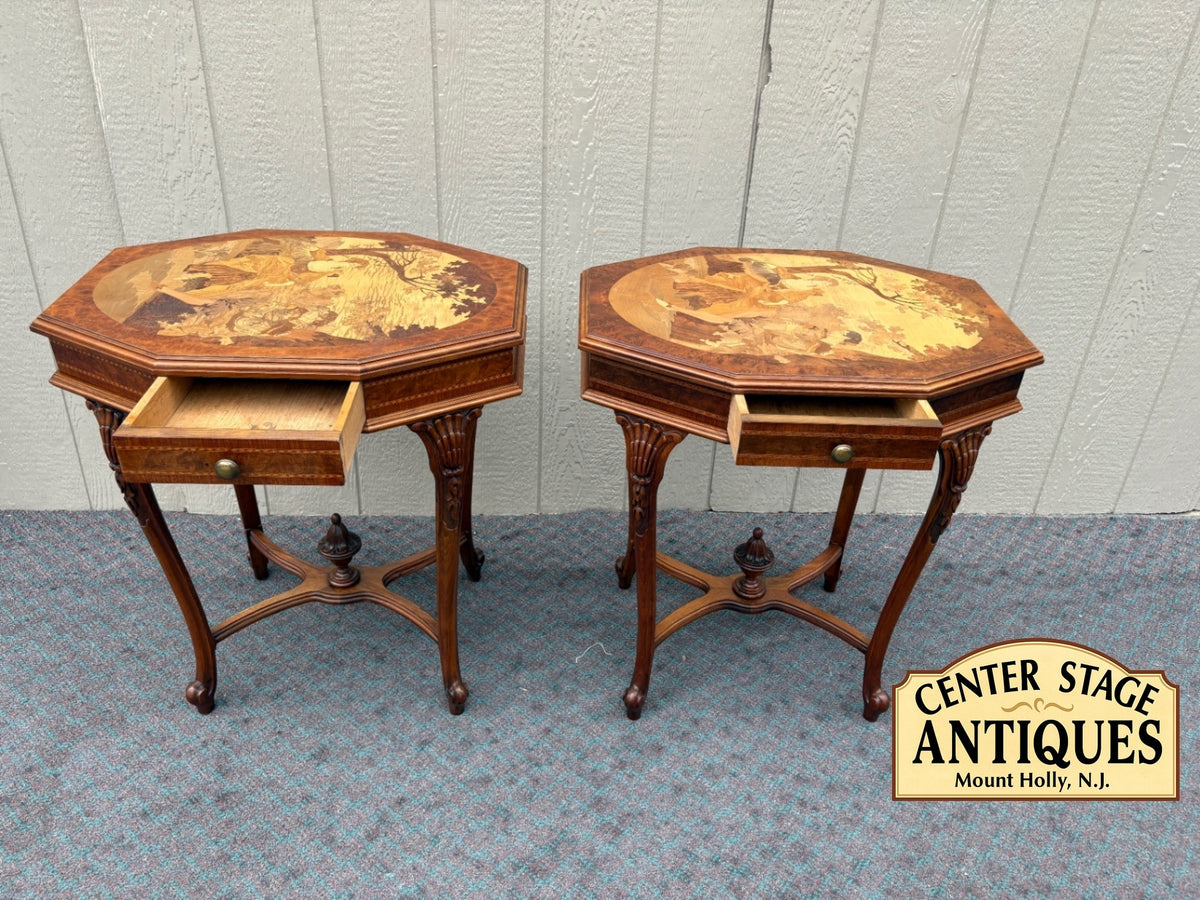 68062 Pair of Inlaid Octagonal Side Tables with Marquetry Scenes