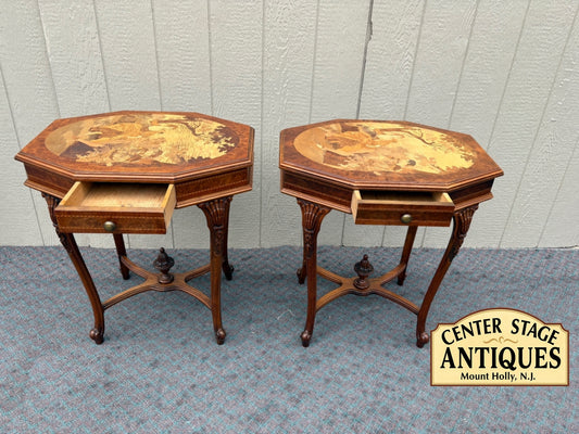 68062 Pair of Inlaid Octagonal Side Tables with Marquetry Scenes