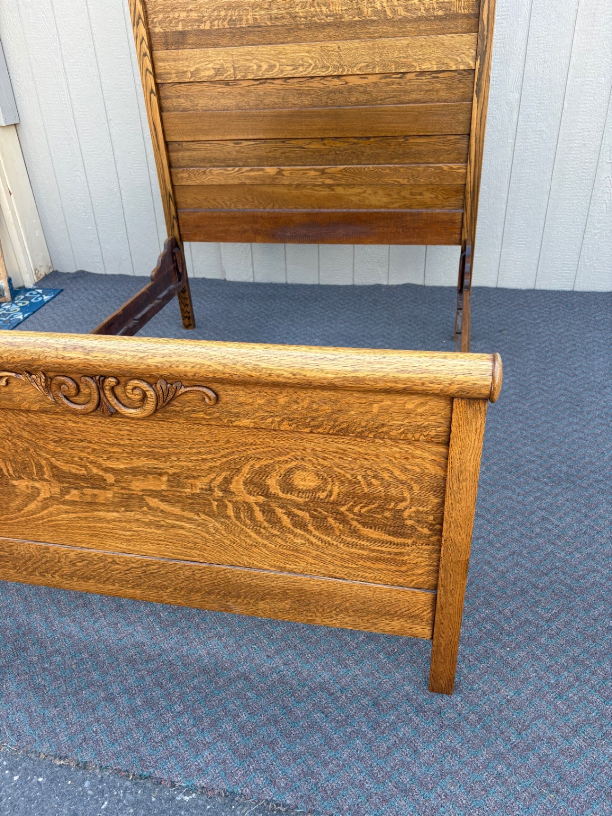 67793 Victorian Oak Full Size Bed Frame with Carved Details