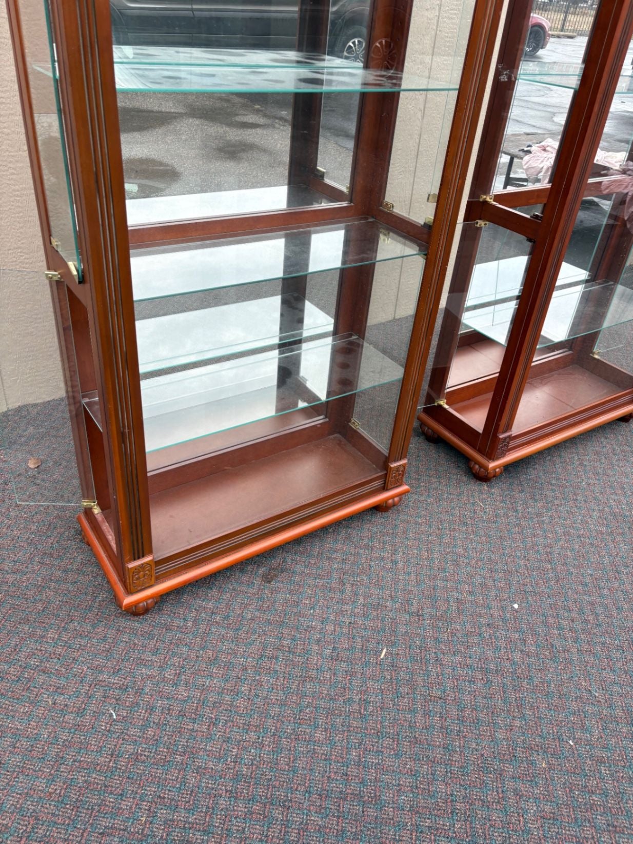 67572 PAIR  of Lighted Etched Glass Curio Cabinets with Wood Frame