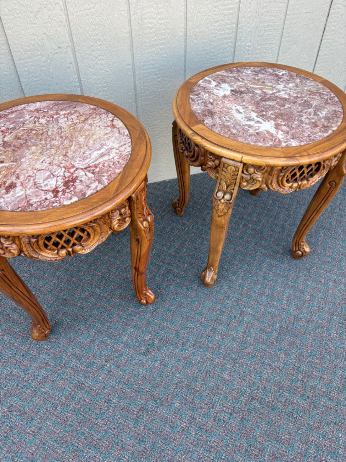 67604 Pair of Ornate Asian  Carved Wooden Tables with Marble Tops