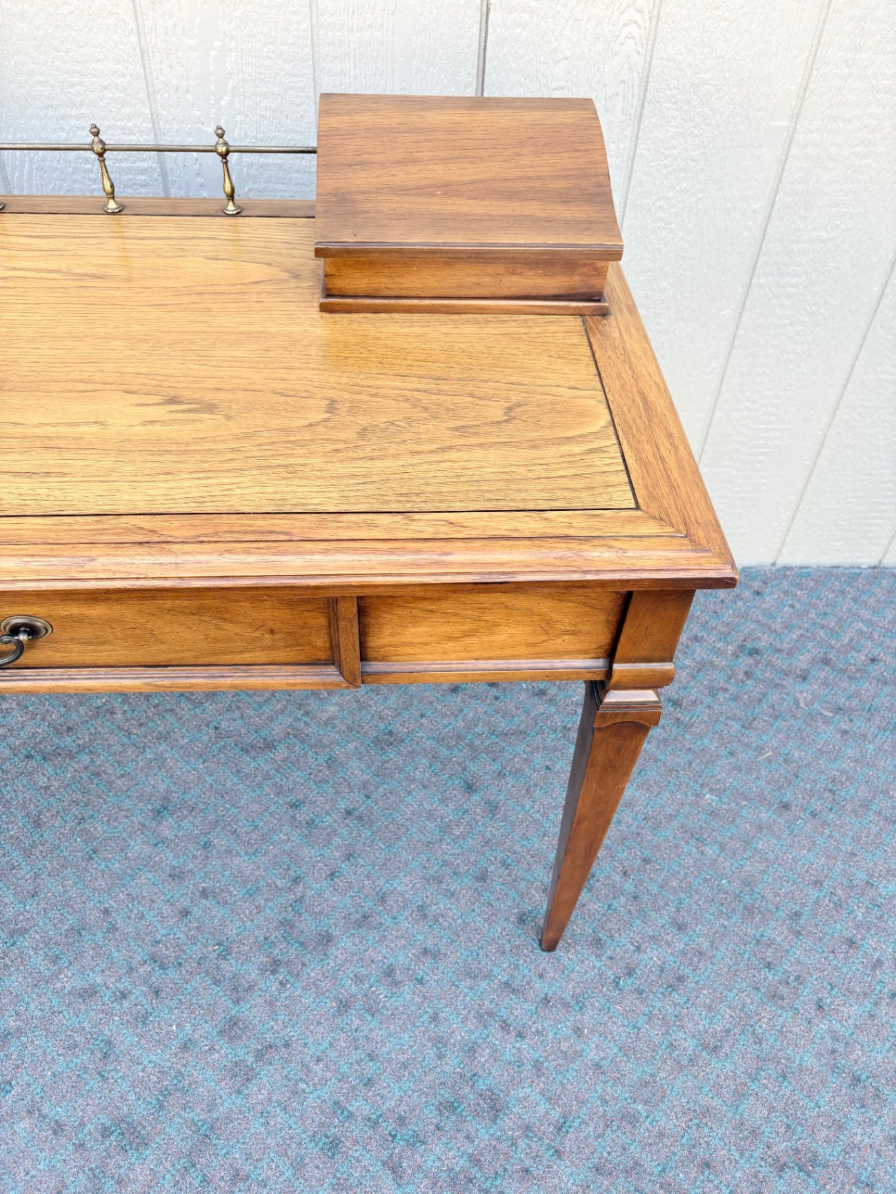 67969 Vintage Wood Writing Desk with Brass Gallery and Hidden Compartments