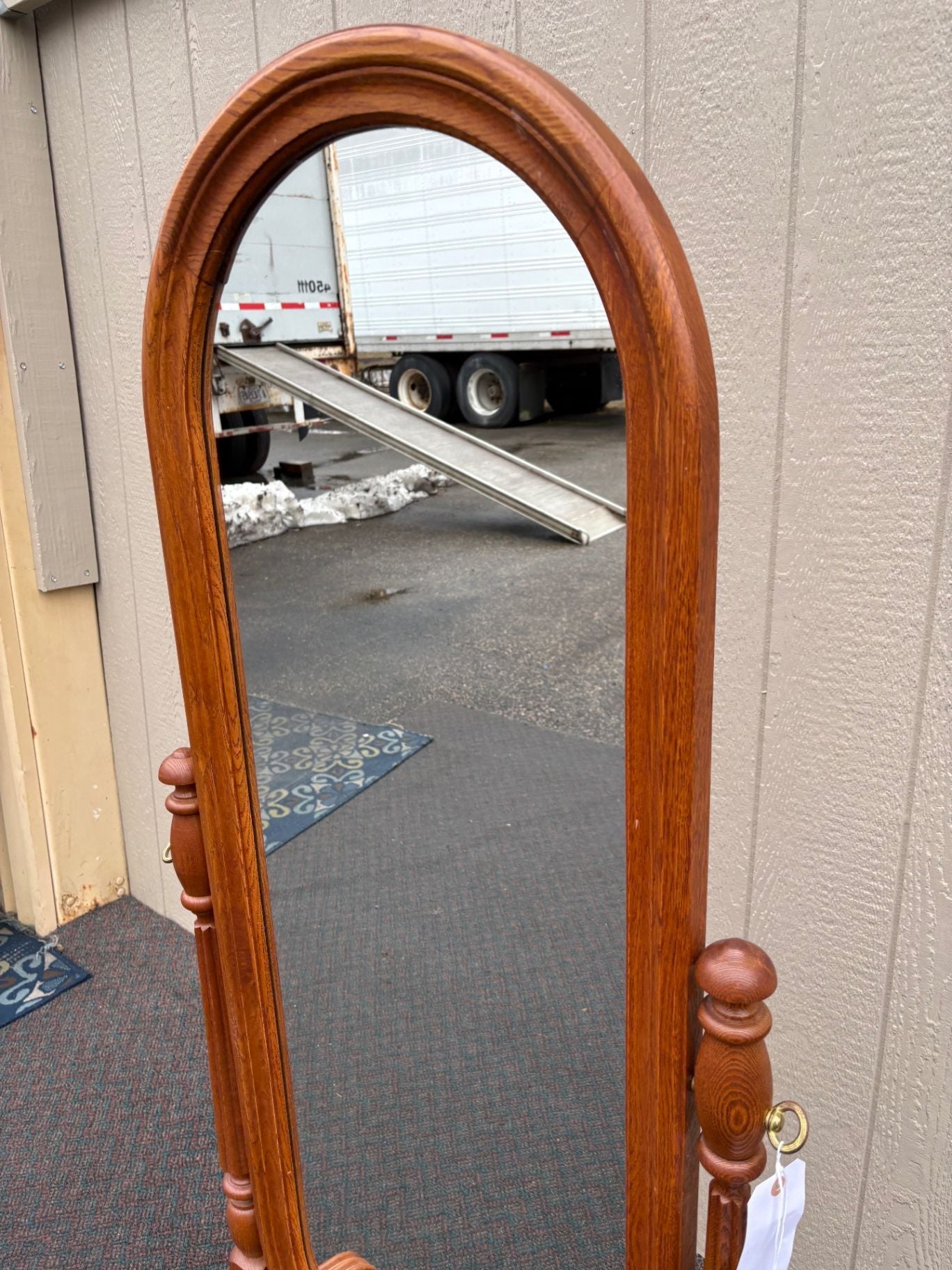 66934  Elegant Oak Cheval Mirror with Turned Supports and Oval Glass