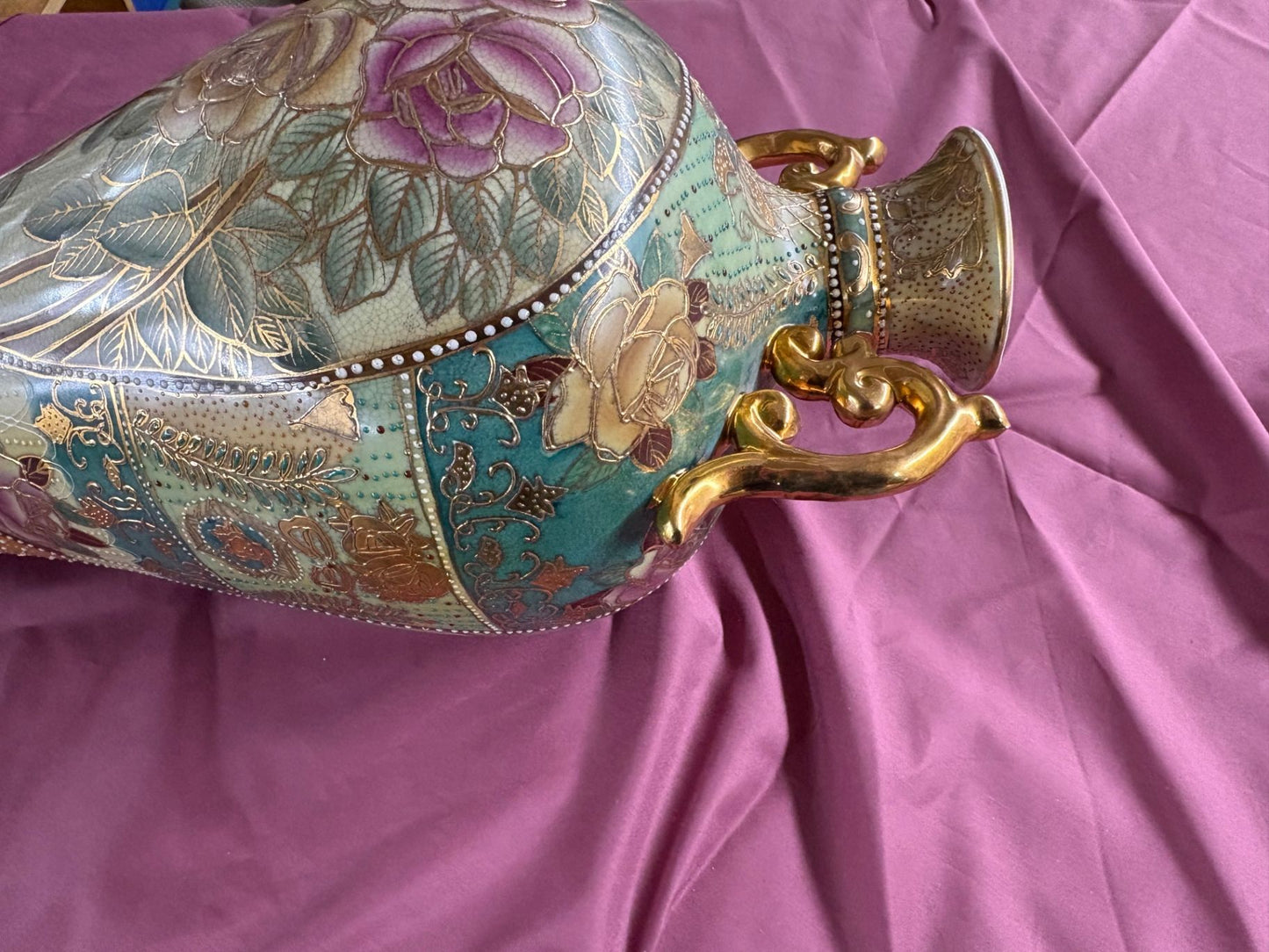 88000 Gilded Porcelain Floral Satsuma Style Vase with Handles