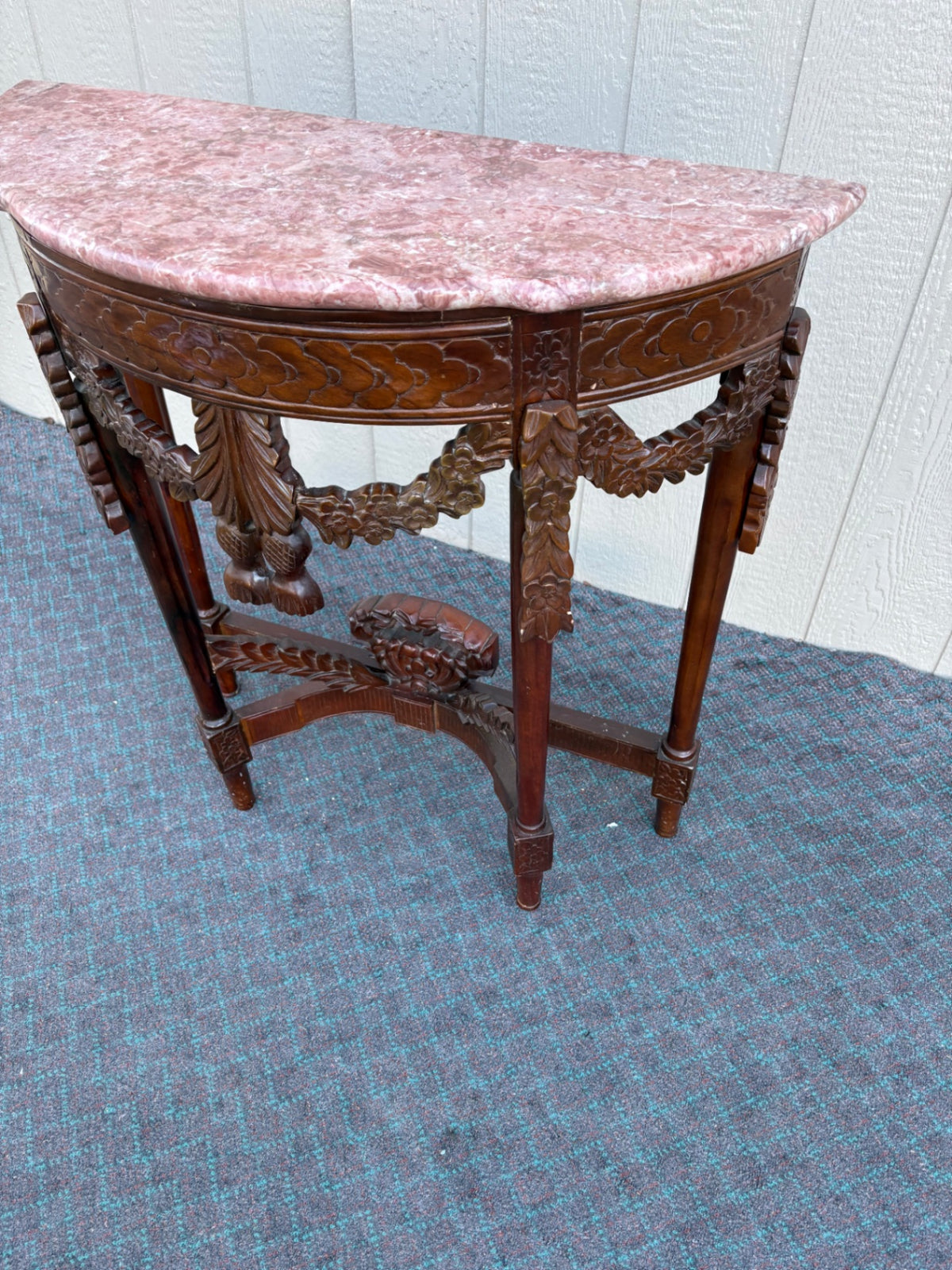68237  Antique Mahogany Demilune Table with Pink Marble Top