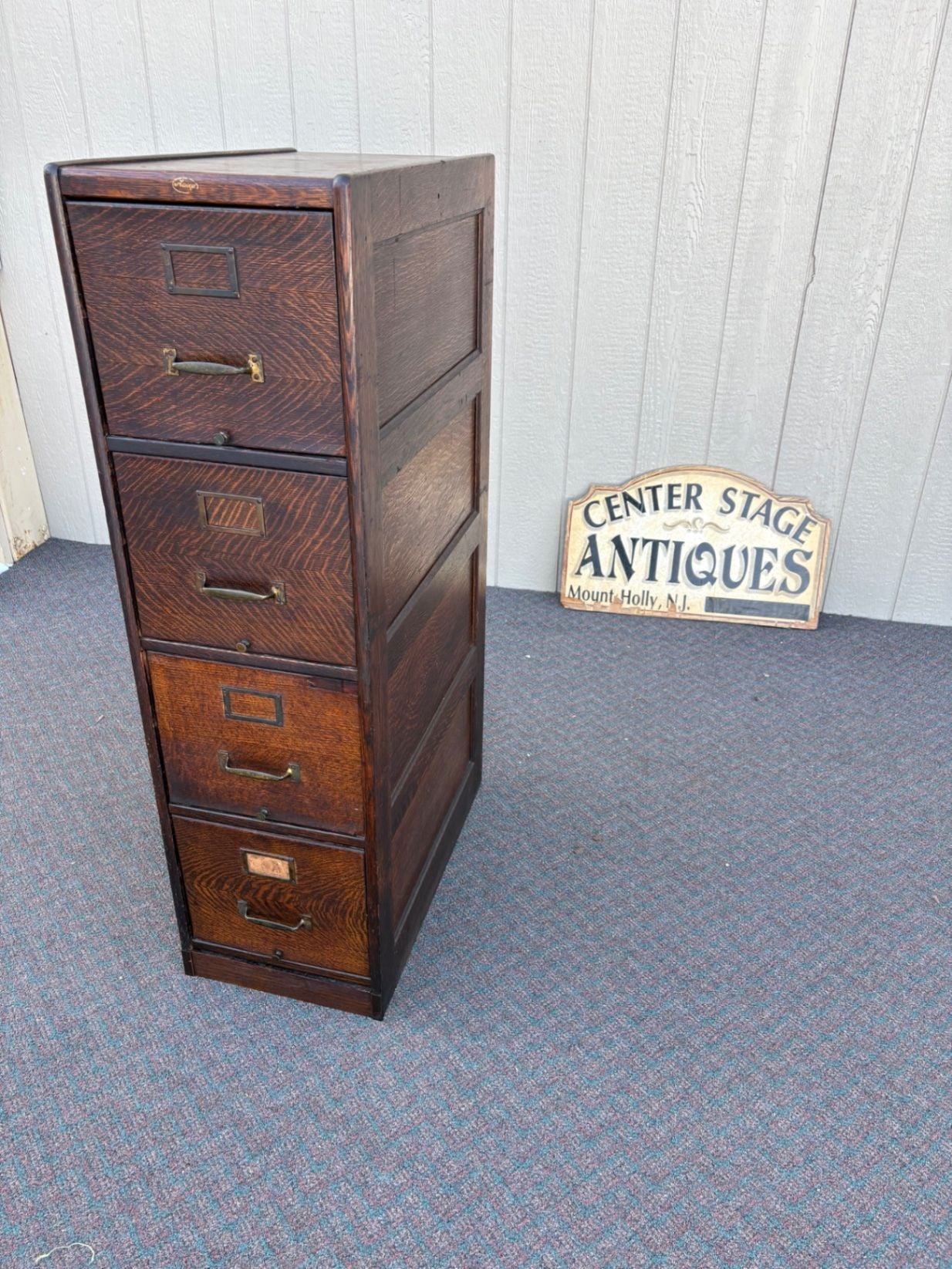 67307 Antique Oak File Cabinet with Four Drawers and Brass Hardware