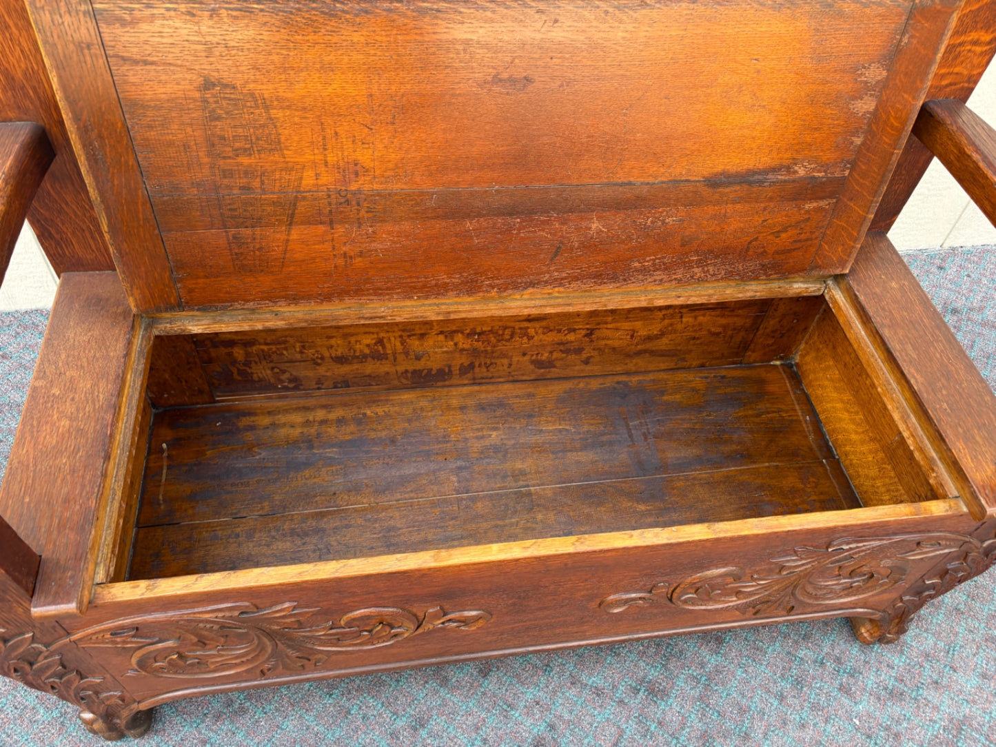 67891  Victorian Oak Carved Storage Bench with Lion Motif Details