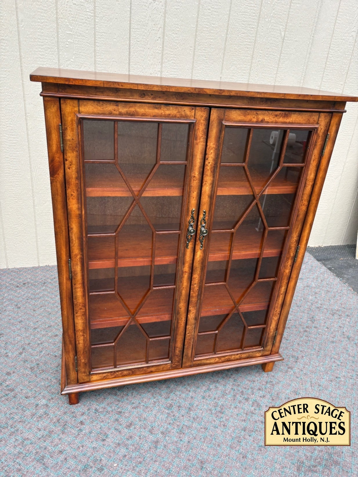 67944 Vintage Glass Front Bookcase with Geometric Pane Design