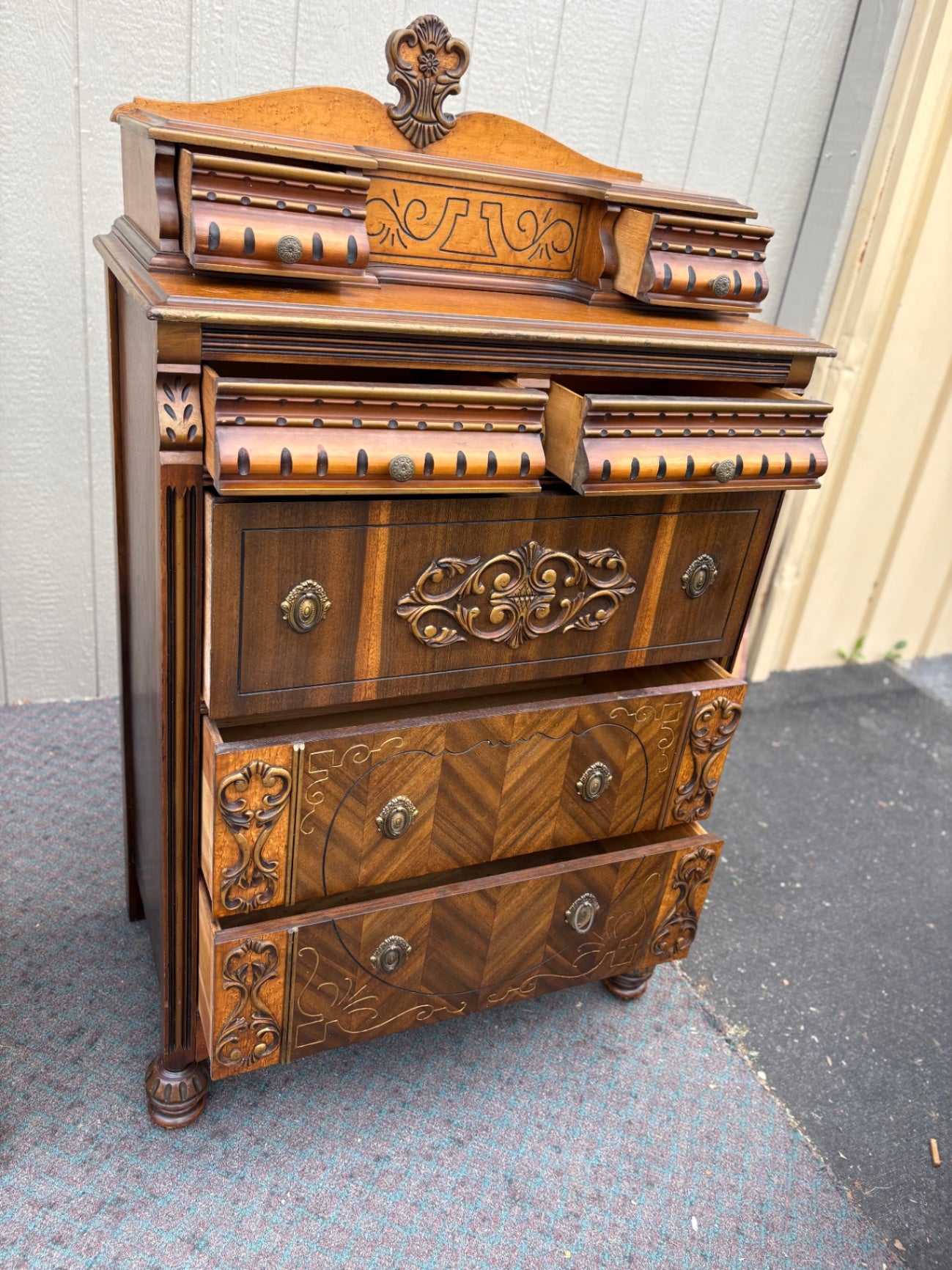 67898  Art Deco High Chest with Intricate Carved Details and Veneer