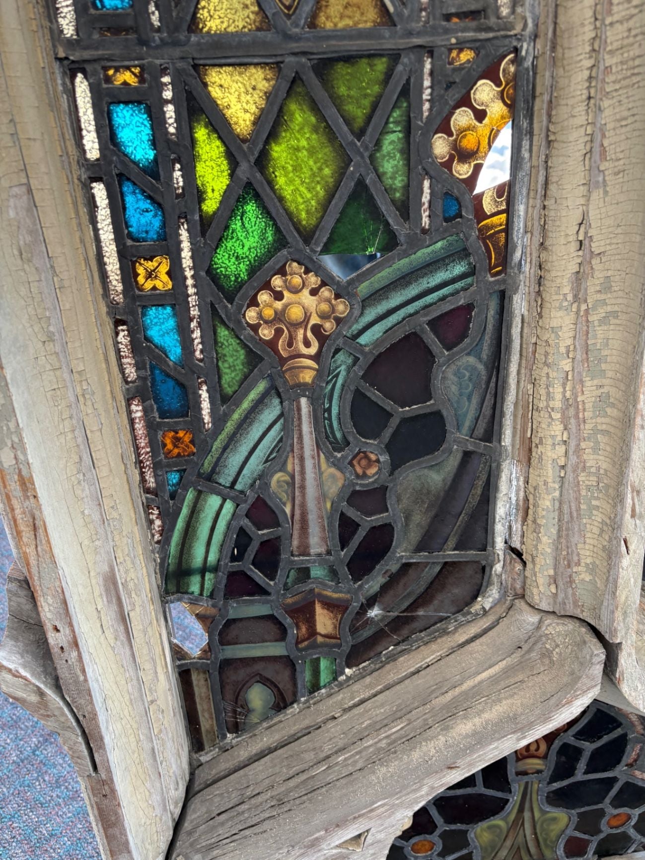 67488 Gothic Arched Stained Glass Window with Wooden Frame