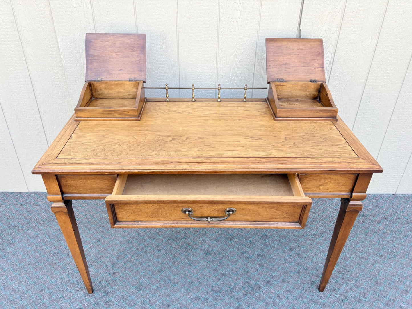 67969 Vintage Wood Writing Desk with Brass Gallery and Hidden Compartments