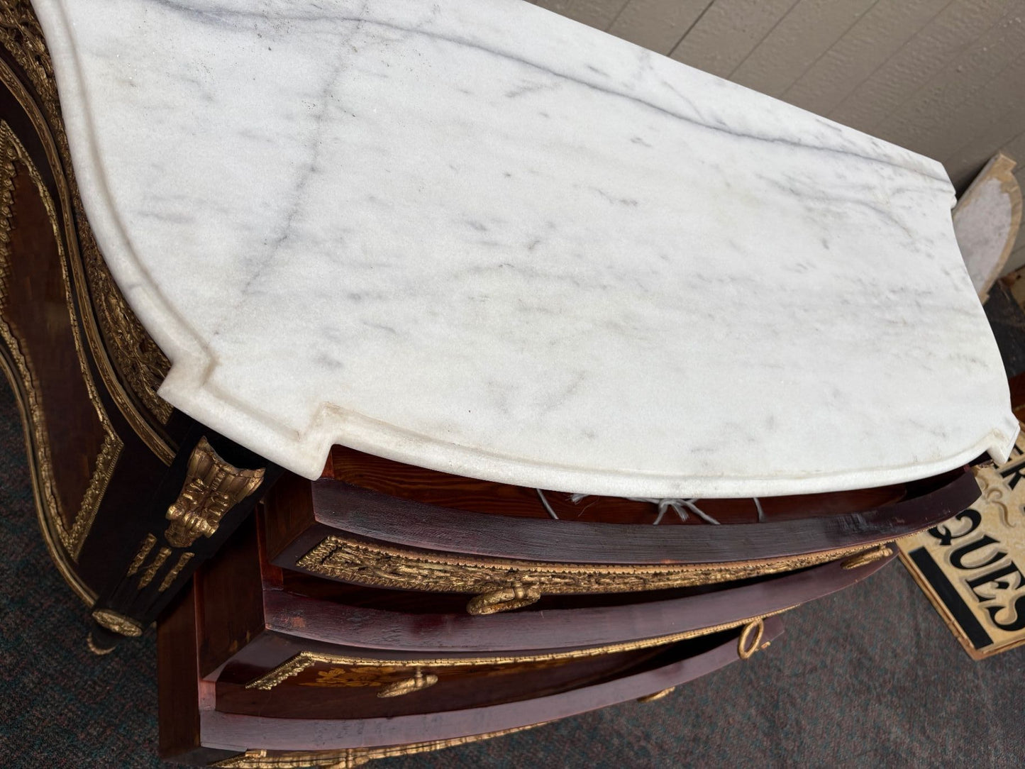 67335 Louis XV Style Marble Top Chest with Intricate Inlay and Gilt Detailing