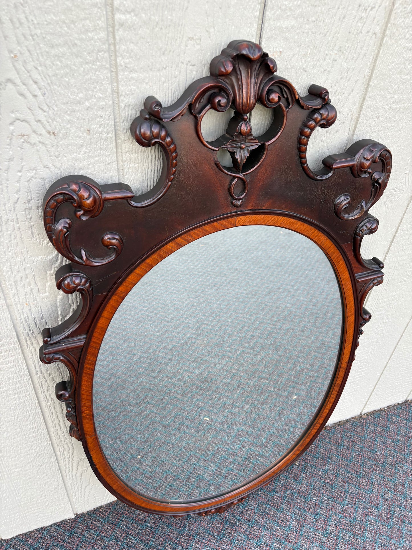 67603 Antique Mahogany Wall Mirror with Ornate Carved Detailing