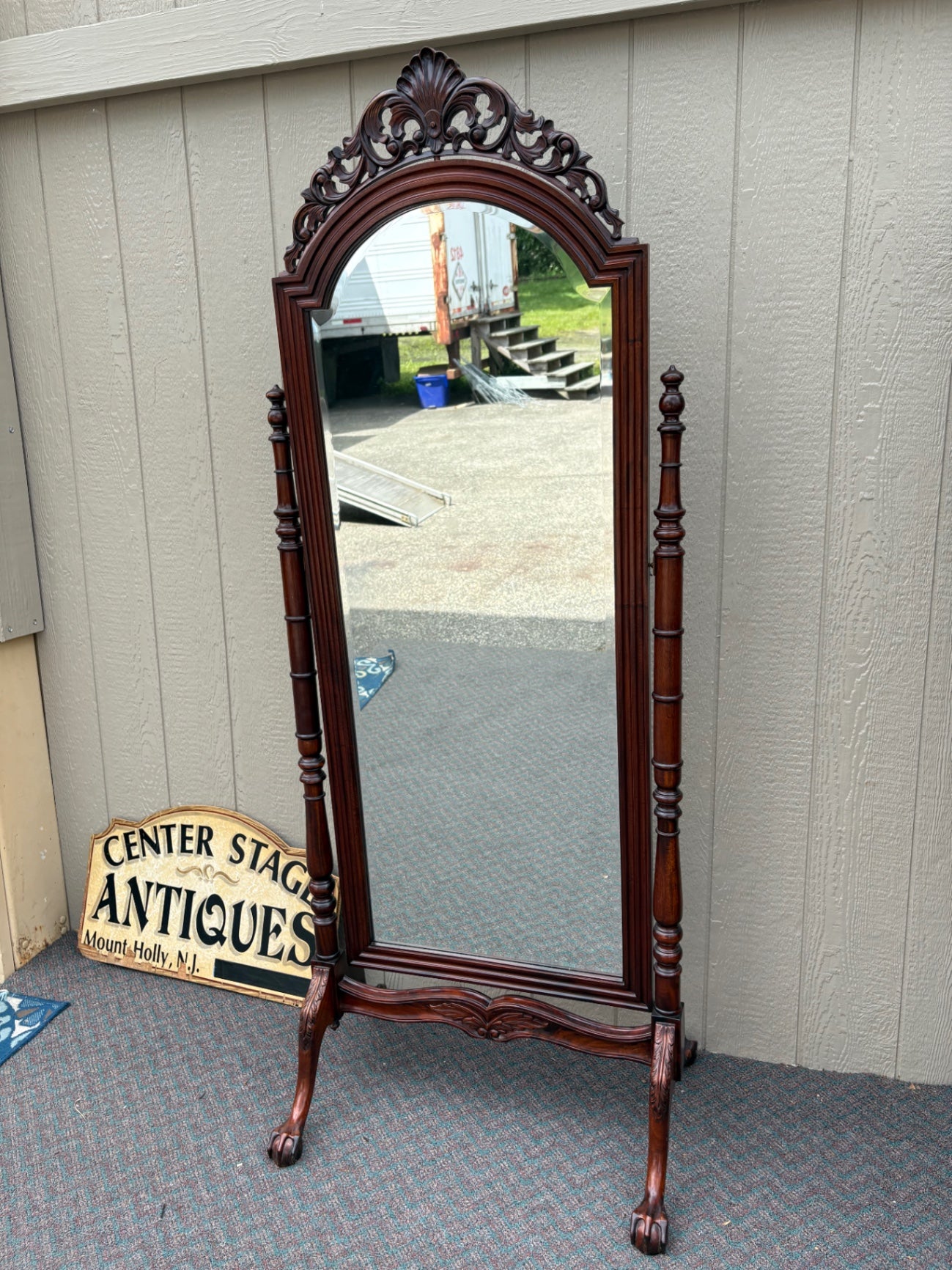 Antique Victorian Cheval Mirror with Carved Mahogany Frame