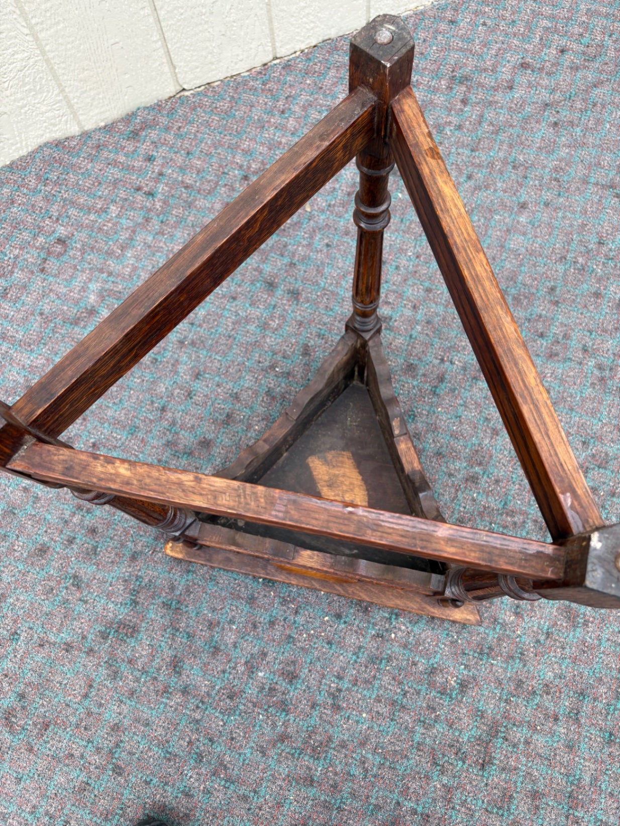 67954 Antique Oak Triangle Side Table with Turned Legs and Carved Details