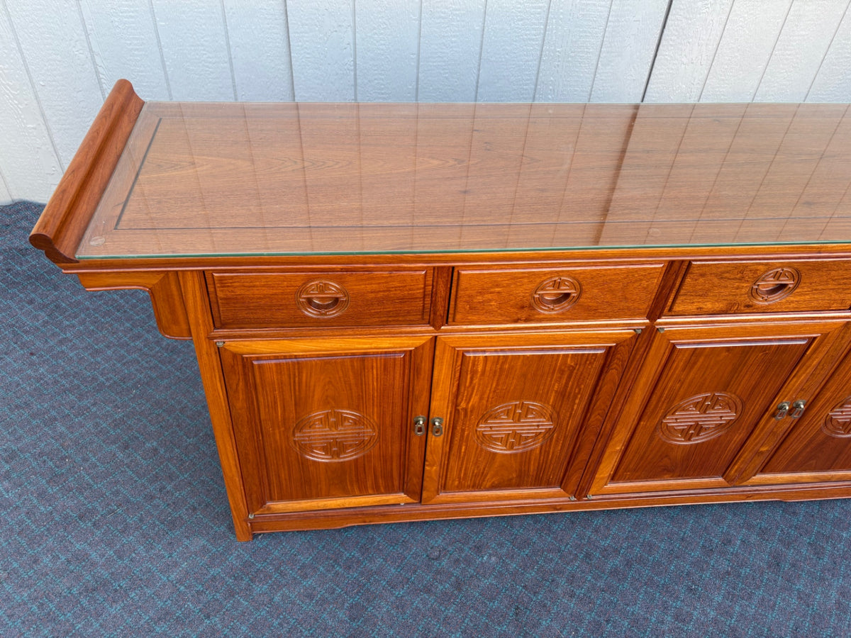 Mid-Century Oriental Sideboard with Glass Top and Carved Details