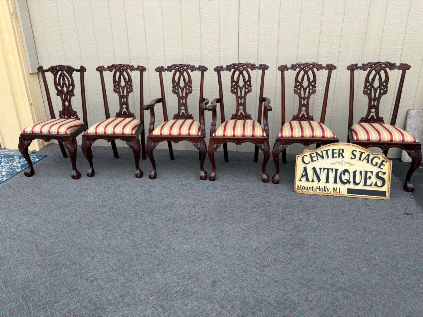 68024 Set of 6 Chippendale Dining Chairs with Striped Upholstery