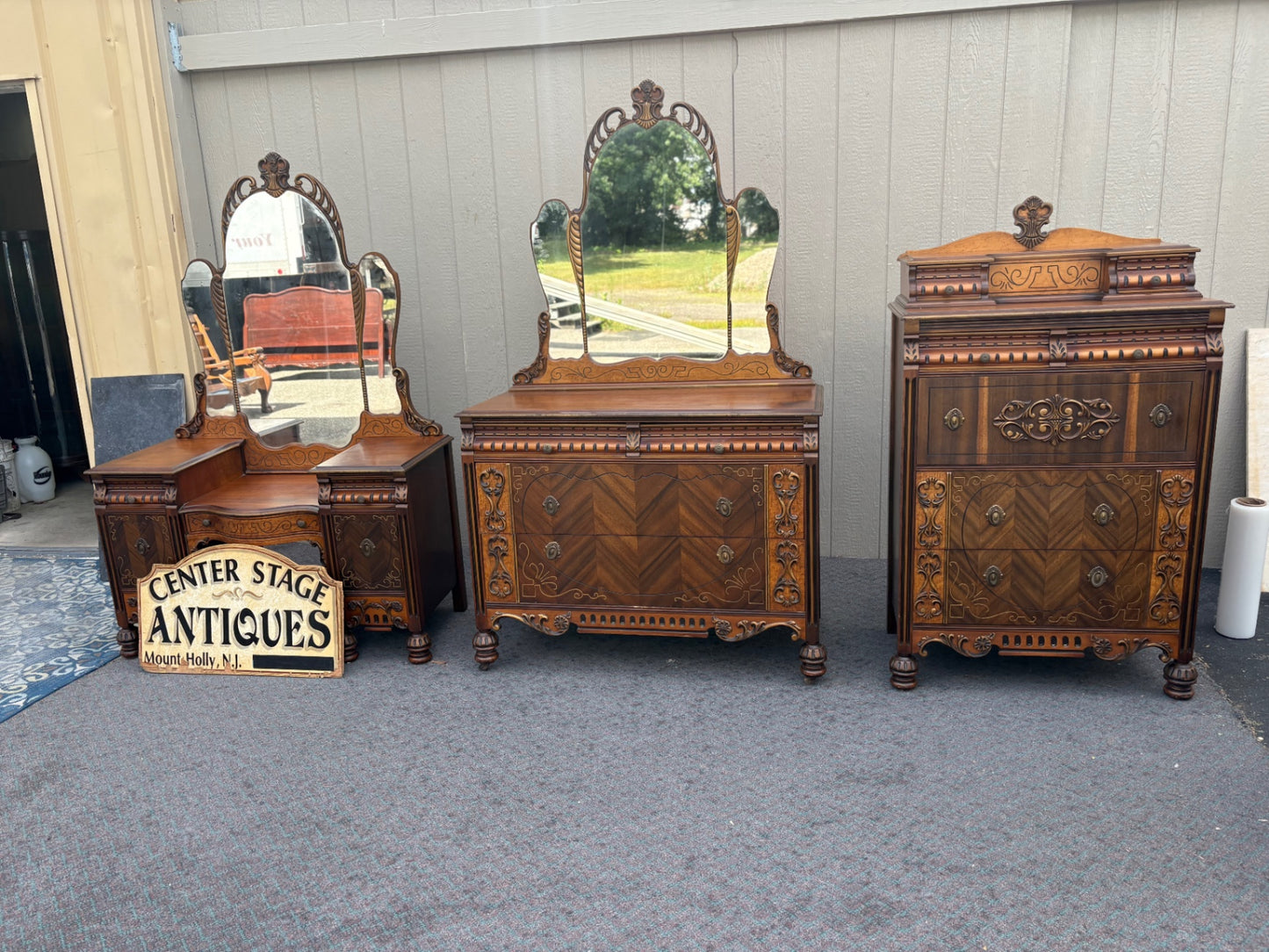 67896 Art Deco Vanity with Mirror, Intricate Carvings, Walnut Finish