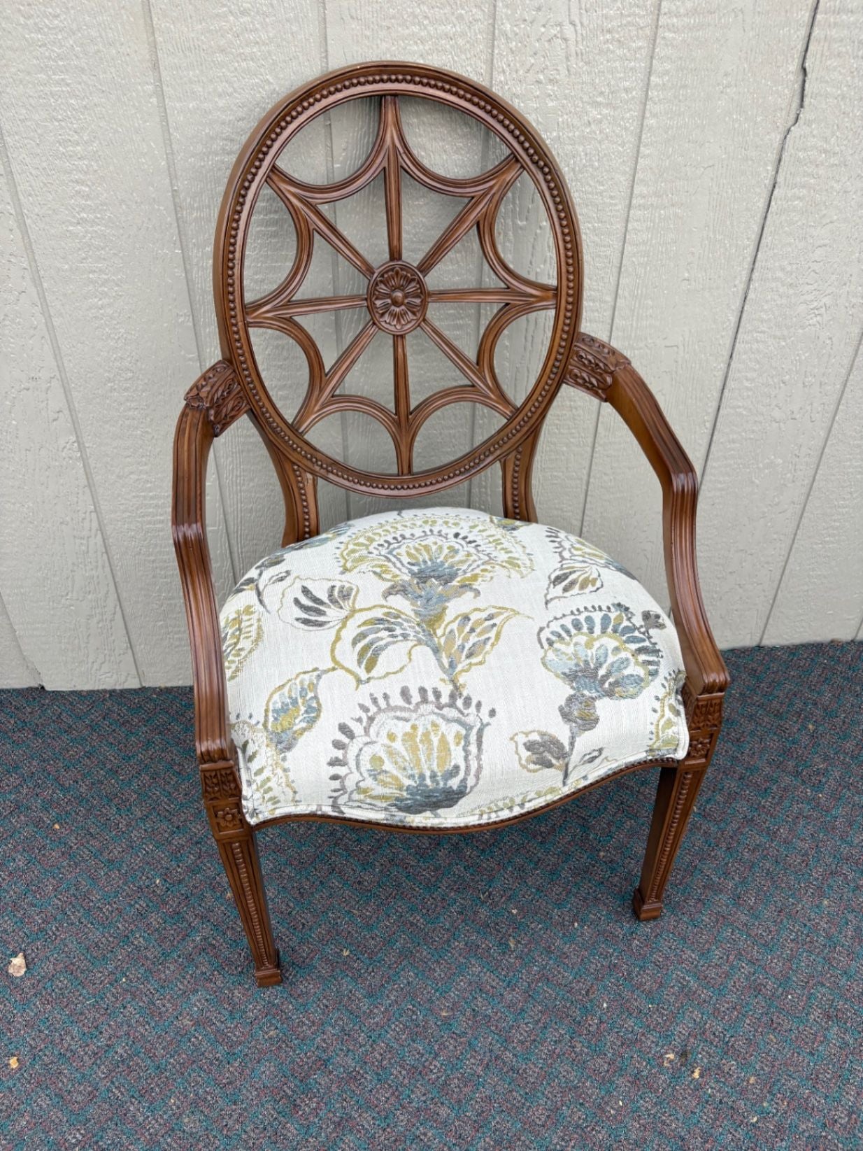 67658 Ethan Allen Carved Armchair with Floral Upholstery