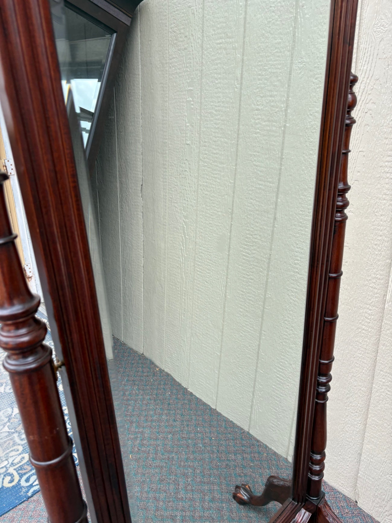 Antique Victorian Cheval Mirror with Carved Mahogany Frame