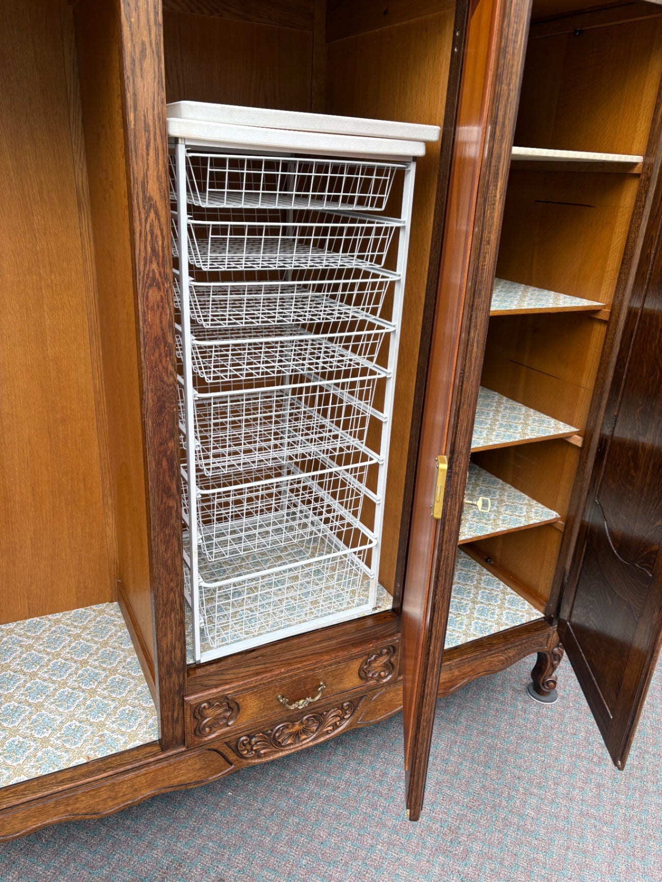 67687  Antique French Provincial Oak Wardrobe with Carved Details