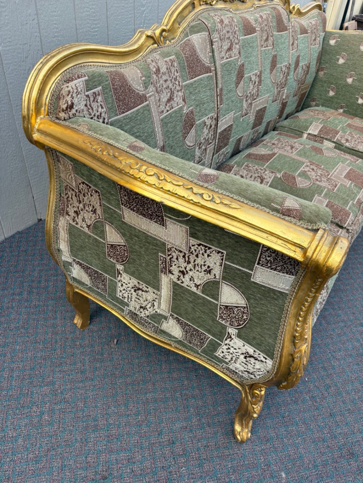67517 Elegant Vintage French Provincial Gold Gilt Sofa with Tapestry Upholstery