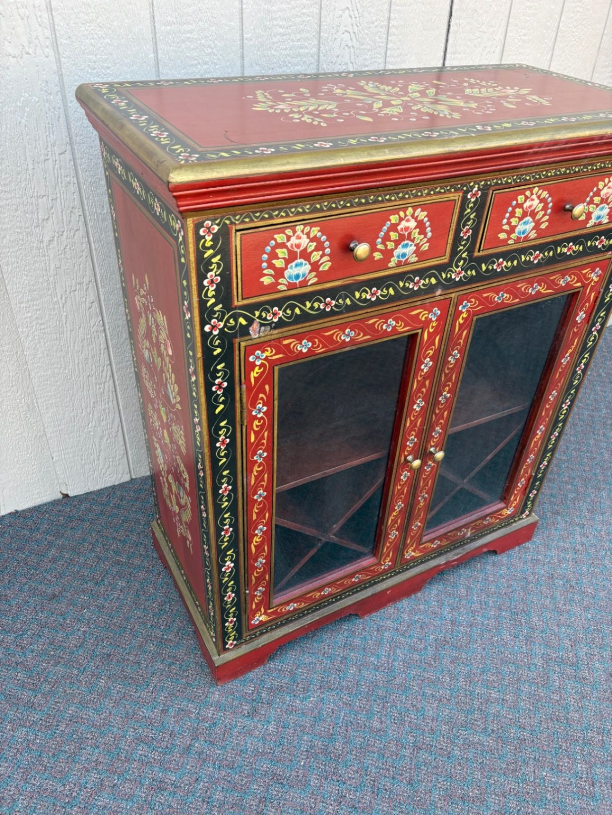 67610 Hand-Painted Pier 1 Wine Cabinet with Floral Motif and Glass Doors
