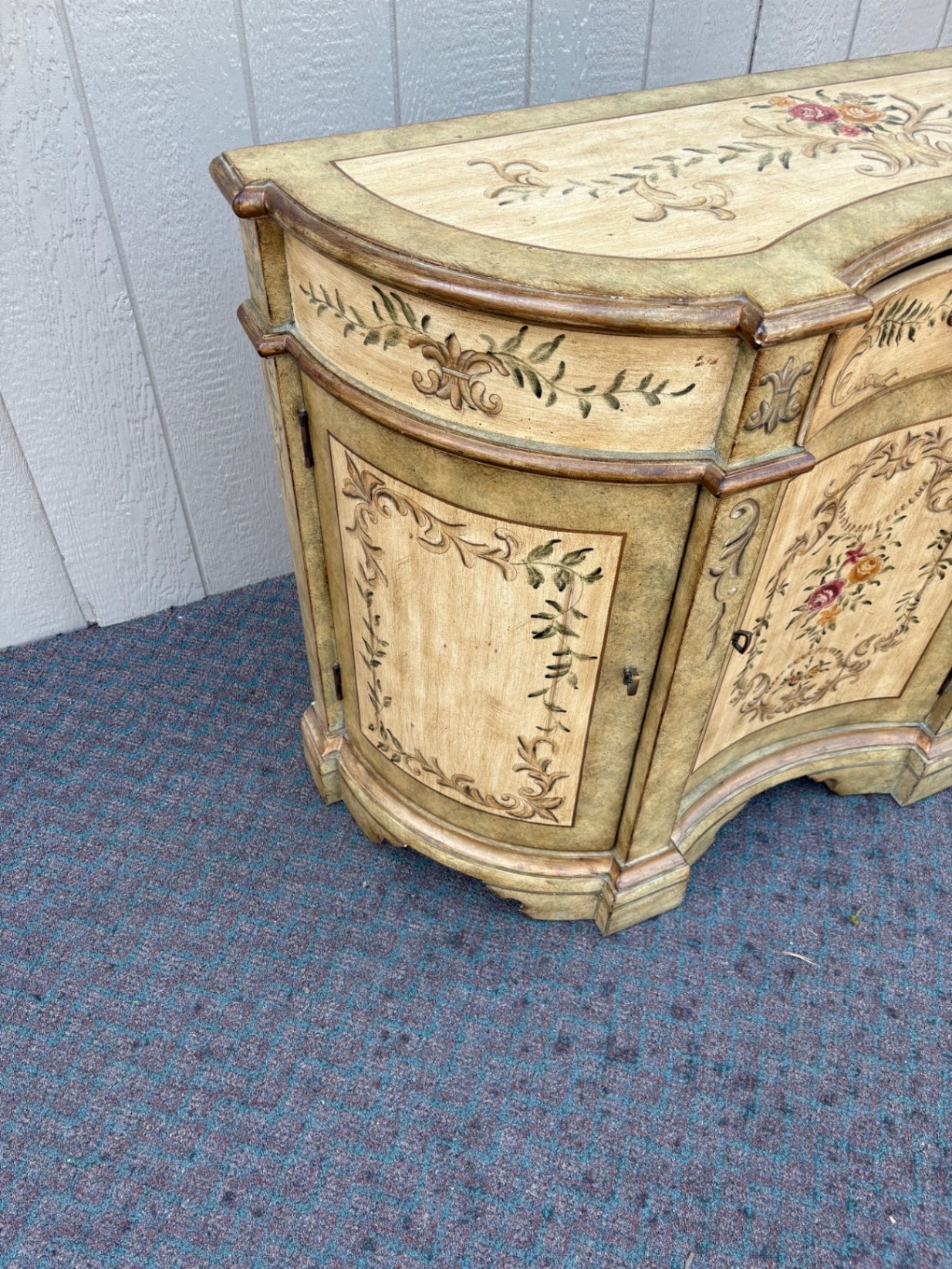 67889  Hand-Painted Floral Demilune Cabinet with Distressed Finish