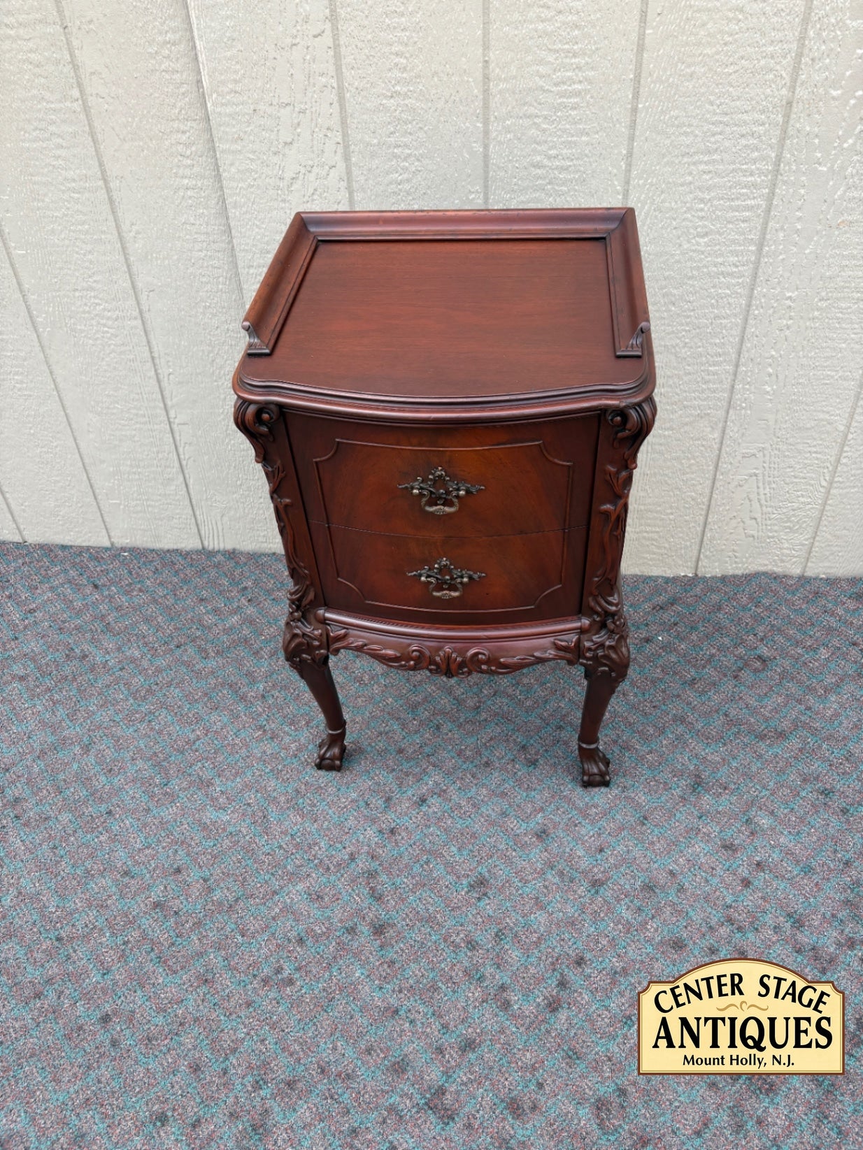 67928 Antique Mahogany Nightstand with Ornate Carved Details