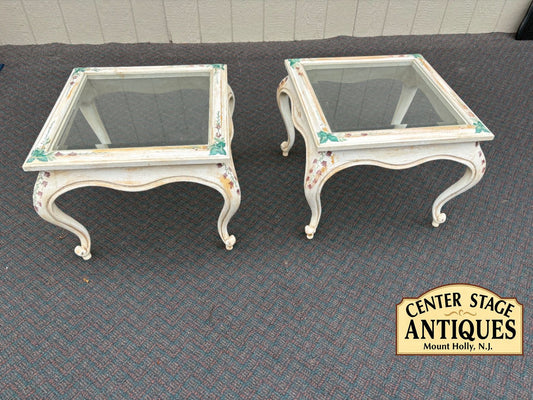 61856 PAIR  of French Provincial ITALIAN Hand Painted Glass Top End Tables