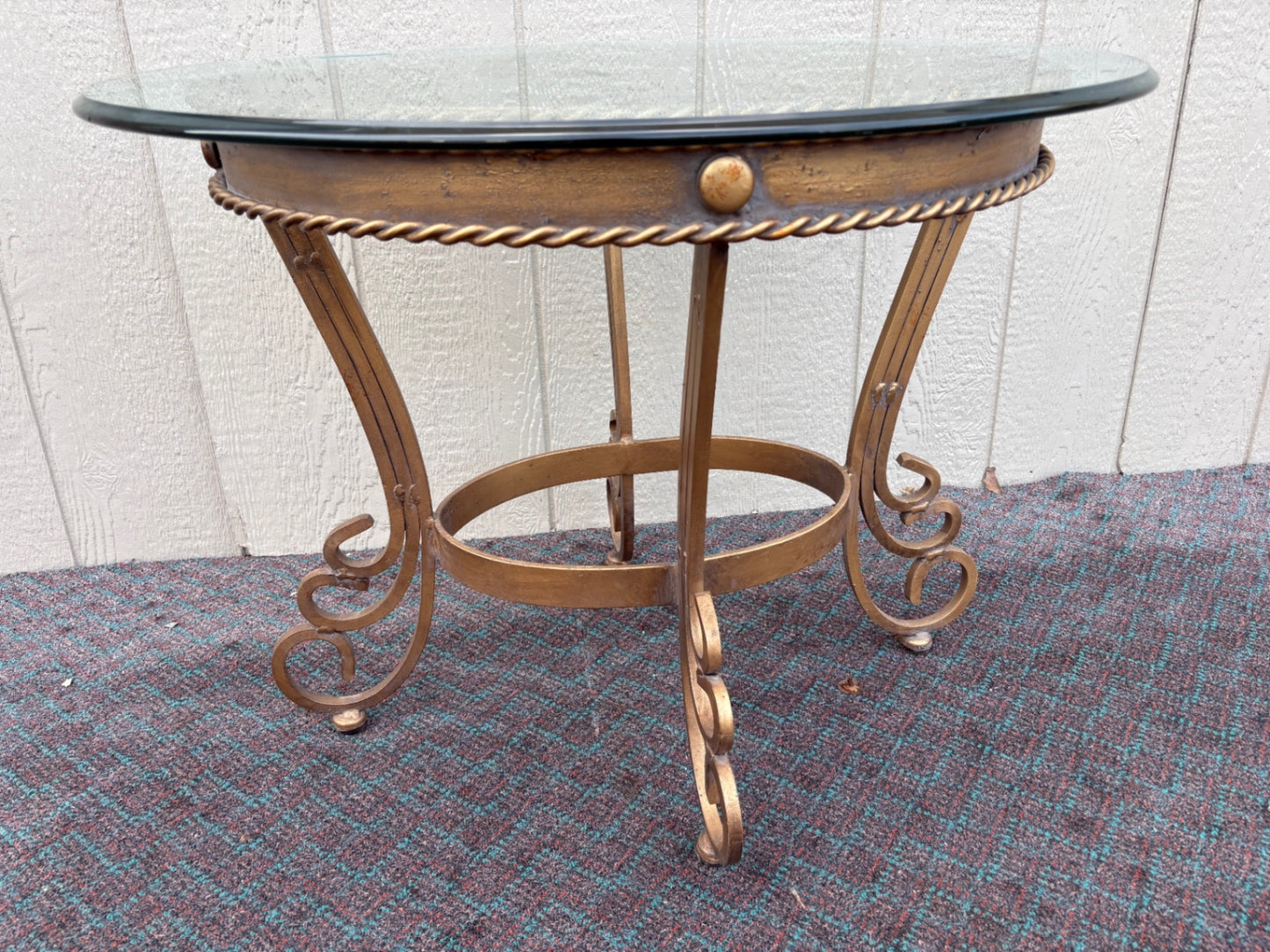 68117 Elegant Round Glass Top Side Table with Ornate Metal Base