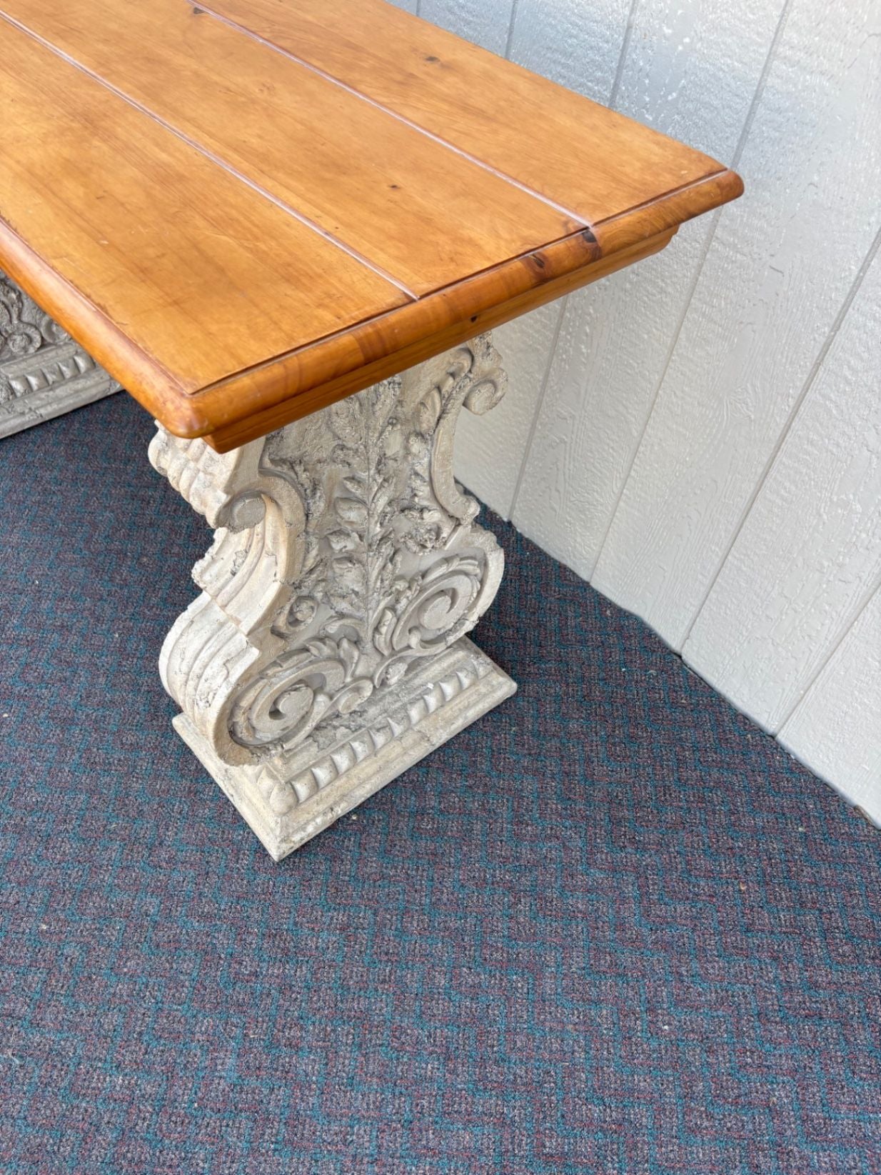 67646  Rustic Console Table with Carved Stone Base and Iron Accents