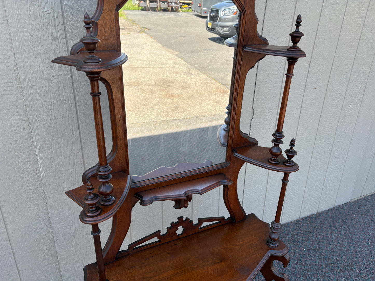 67717 Victorian Eastlake Style Hall Mirror with Shelves, Solid Mahogany