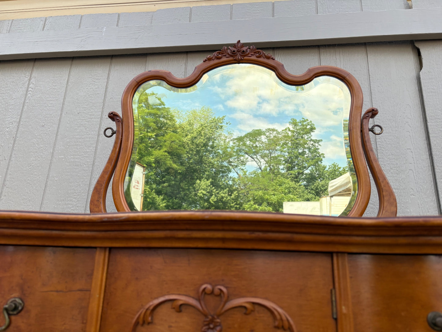 67995 Antique Highboy Dresser with Mirror, 1920s, Burl Wood