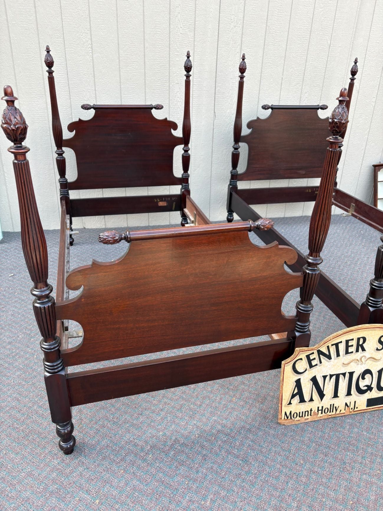 67668 Pair of Vintage PAINE Furniture  Mahogany Twin Beds with Carved Pineapple Finials