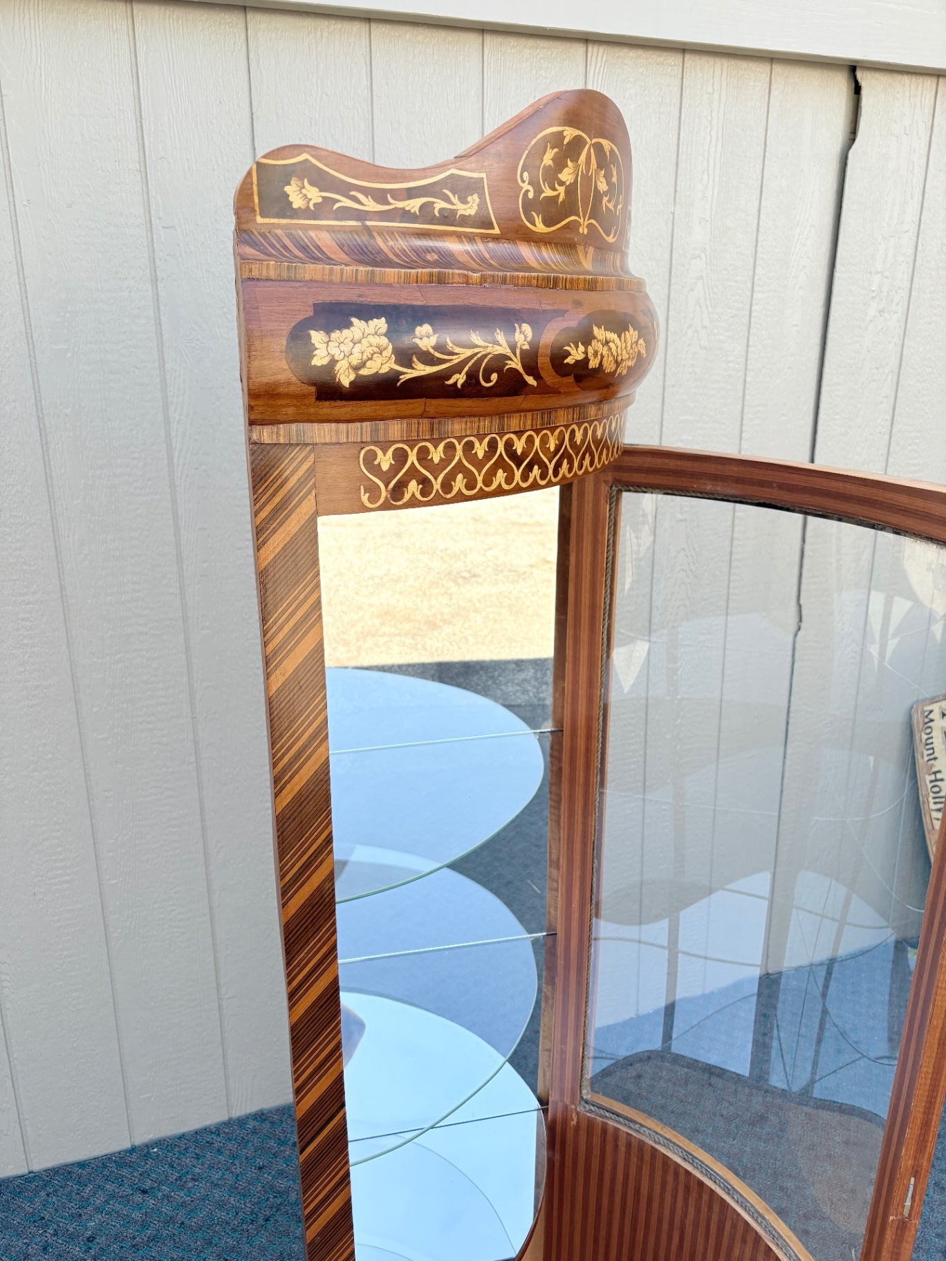 Elegant Corner Curio Cabinet with Inlay and Glass Shelves