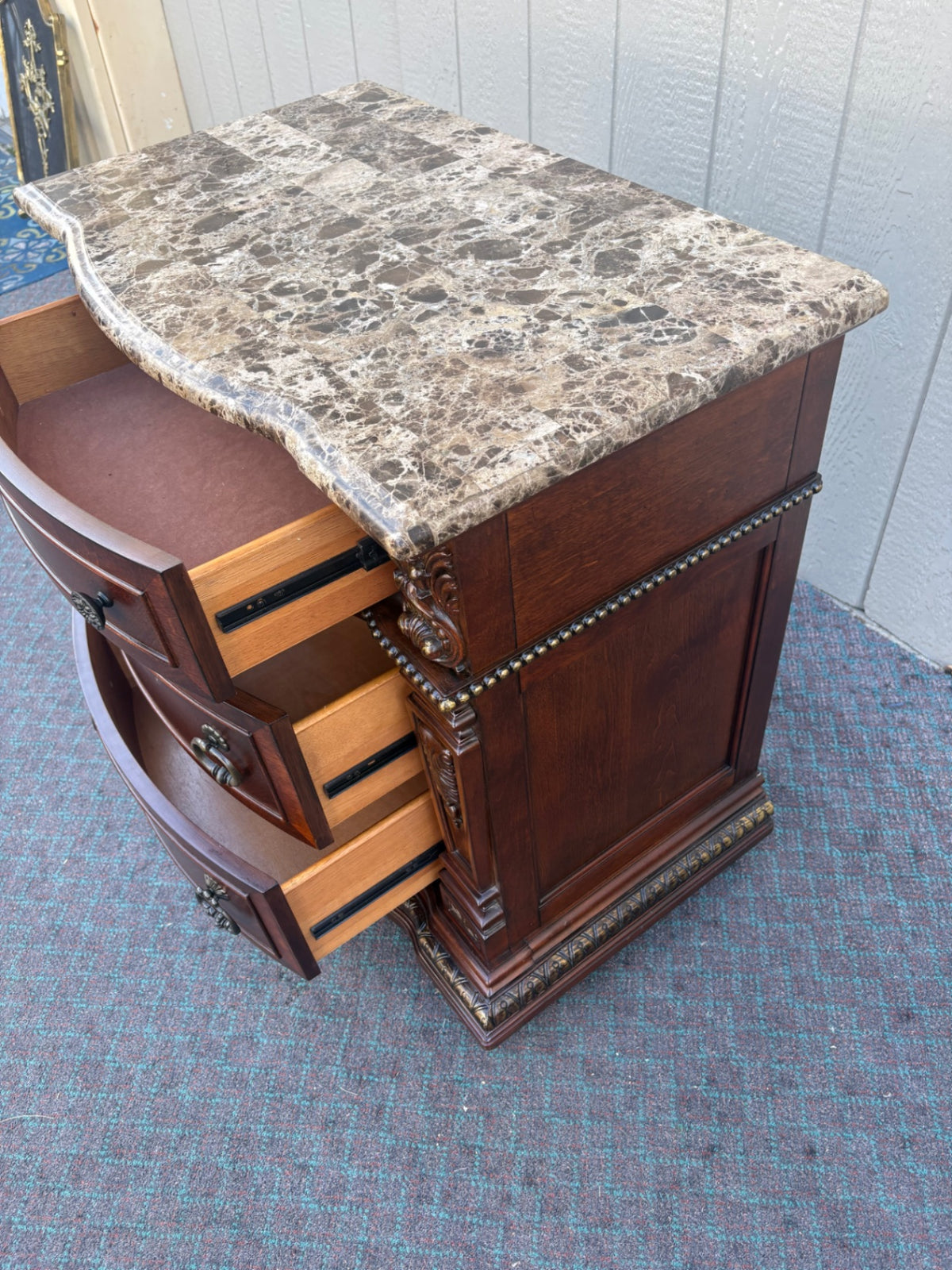 Elegant Marble Top Chest with Carved Wood Detail, 2015