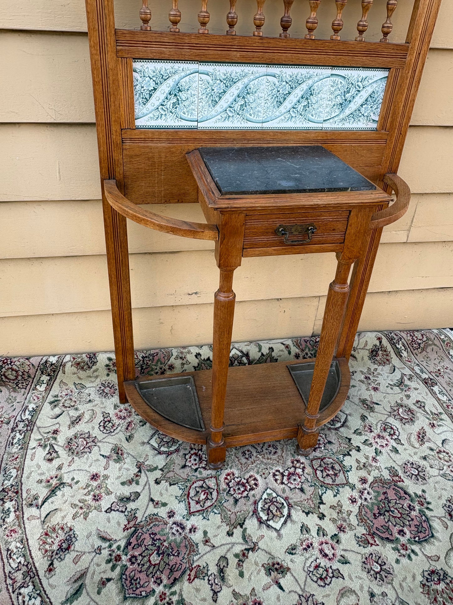 67781 Victorian Oak Hall Tree with Mirror and Marble Top Stand