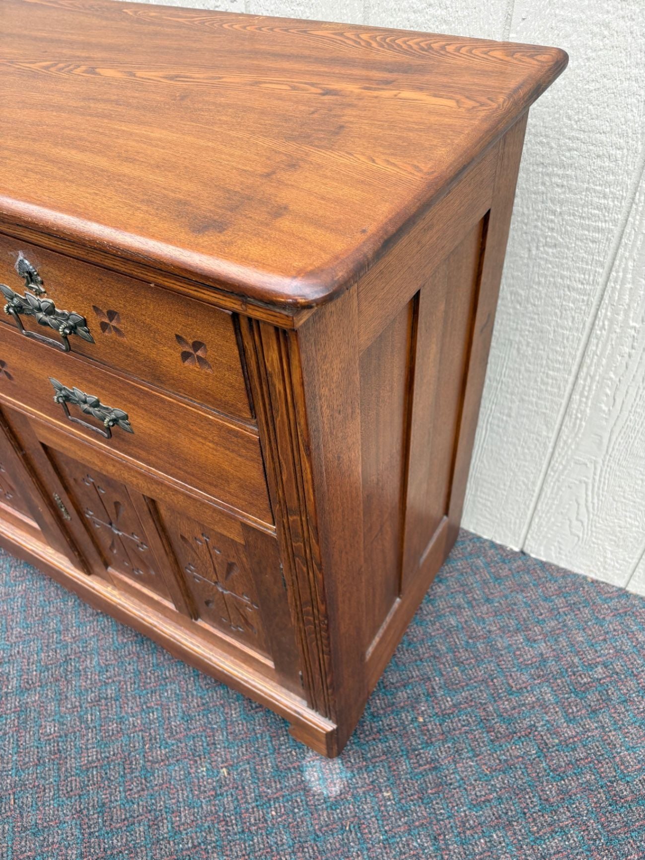 67625  Victorian Oak Buffet Server with Carved Details and Brass Hardware