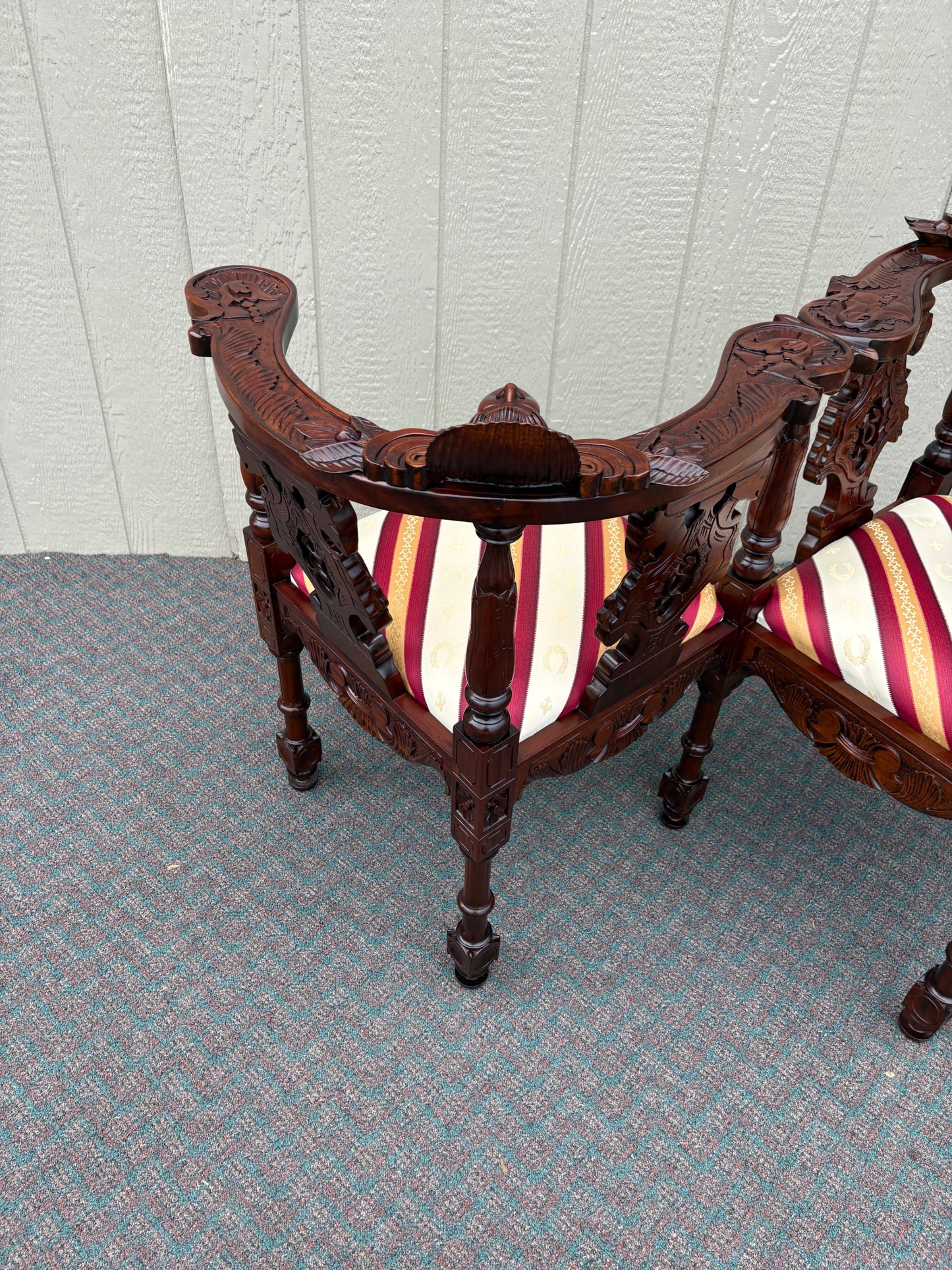 67730 Victorian Tête-à-Tête Loveseat, Carved Mahogany, Striped Upholstery