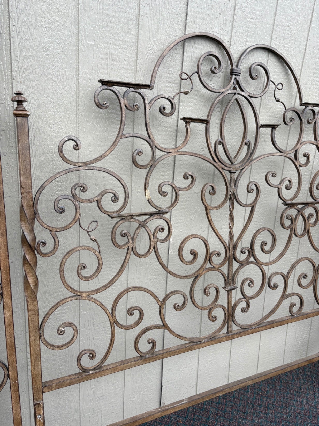 67711  Ornate Iron Scrollwork Queen Bed Frame with Twisted Posts