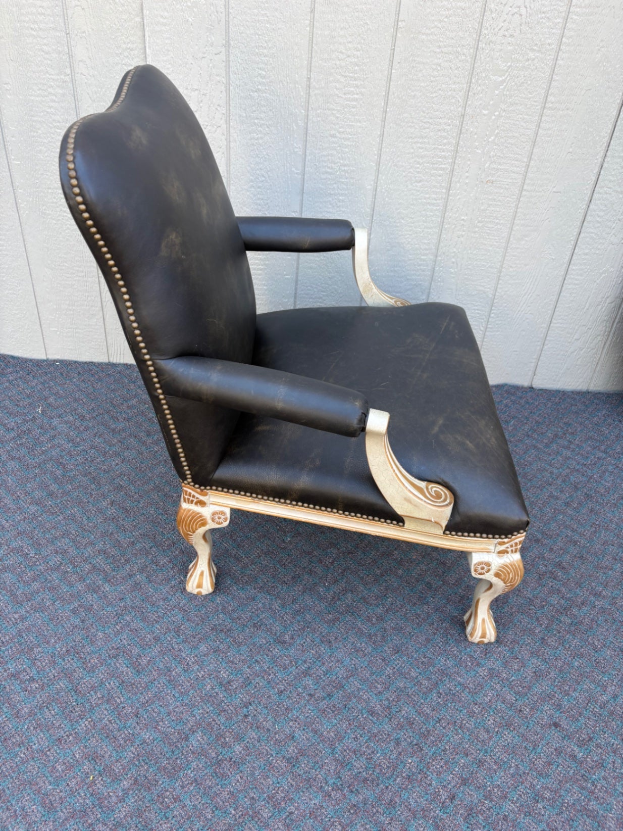 67854 Ornate Baroque Style Leather Armchair with Carved Wood Frame