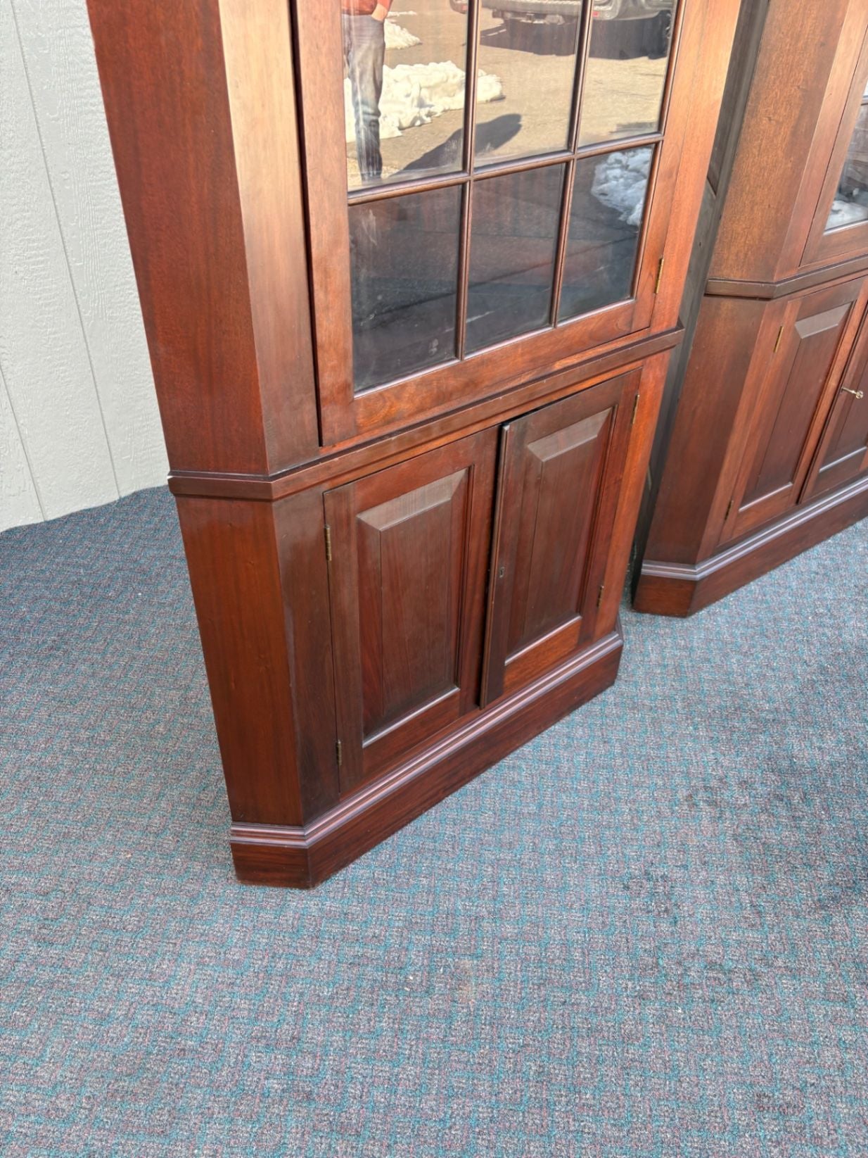 67464  Pair of Biggs Mahogany Corner Cabinets with Glass Doors