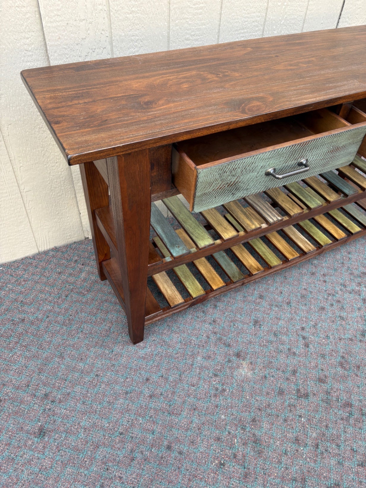 67990 Rustic Wood Console Table with Multi-Color Drawers and Shelves