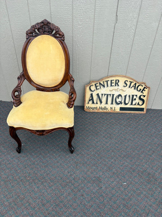 67445  Victorian Carved Mahogany Chair with Yellow Upholstery